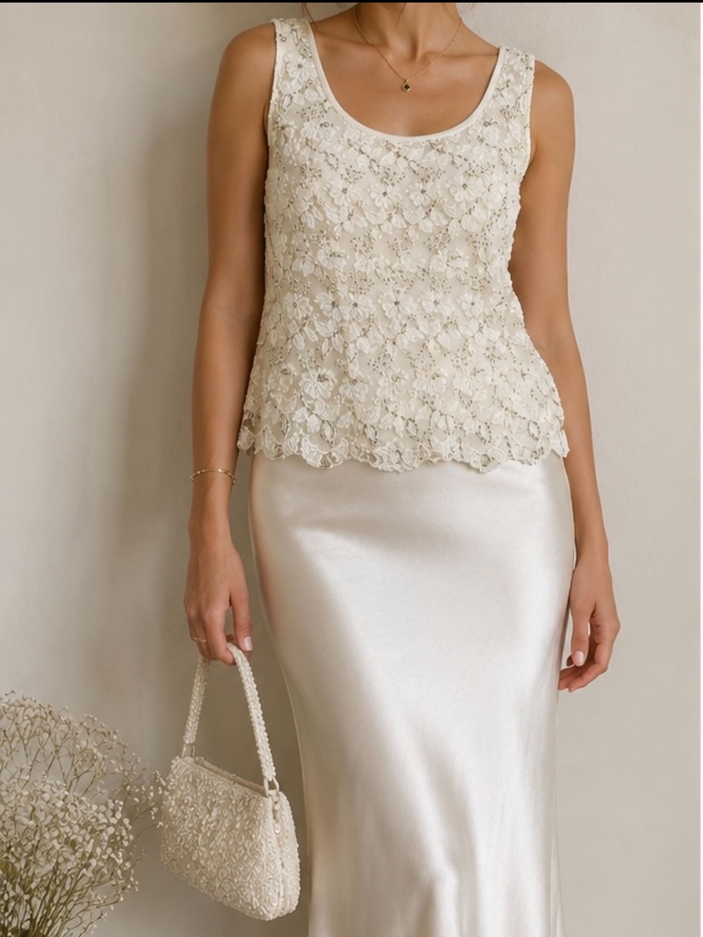 R&M Richards Cream Floral Lace Tank & Satin Skirt Ensemble